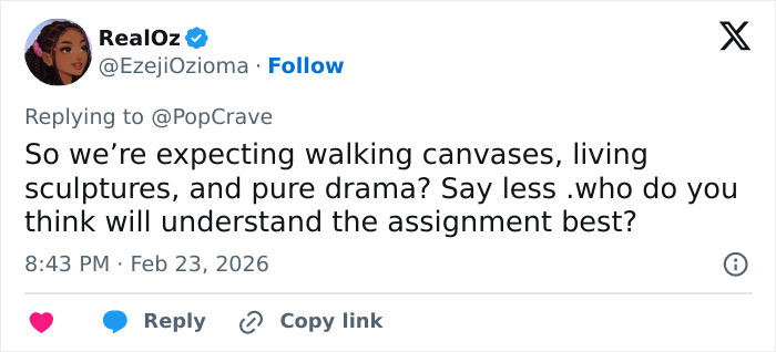 Screenshot of a tweet discussing Met Gala 2026 dress code, highlighting expectations of walking canvases and pure drama.