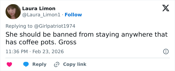 Tweet from user Laura Limon criticizing an influencer&rsquo;s unusual hotel hack for washing underwear, sparking backlash.