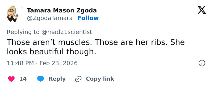 Tweet screenshot showing a comment discussing Sadie Sink’s ribs and appearance, sparking divided reactions online.