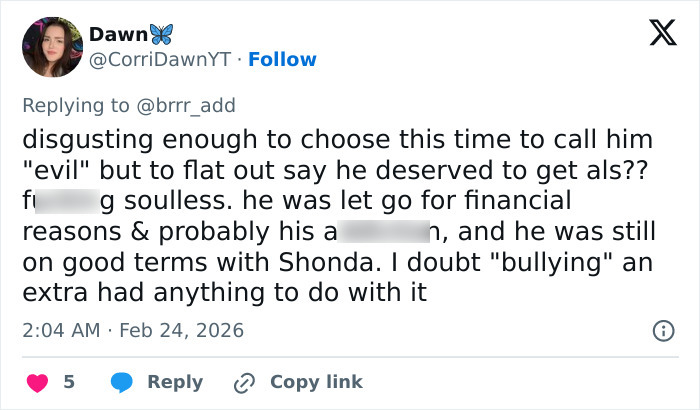 Social media reply disputing actor Eric Dane bullying claims after Grey's Anatomy actress's statement.