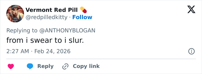 Tweet from Vermont Red Pill replying to ANTHONYBLOGAN with text expressing a change from swear to slur, related to Michael B. Jordan's reaction at BAFTA.