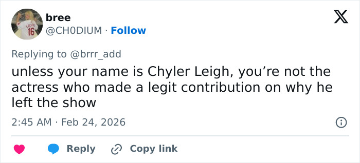 Screenshot of a social media reply discussing Grey's Anatomy actress's claim about Eric Dane bullying her.