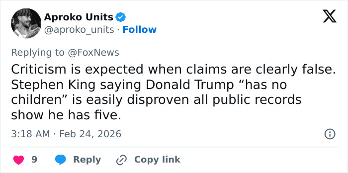 Tweet from Aproko Units criticizing Stephen King for making a false claim about Donald Trump’s children causing backlash online.