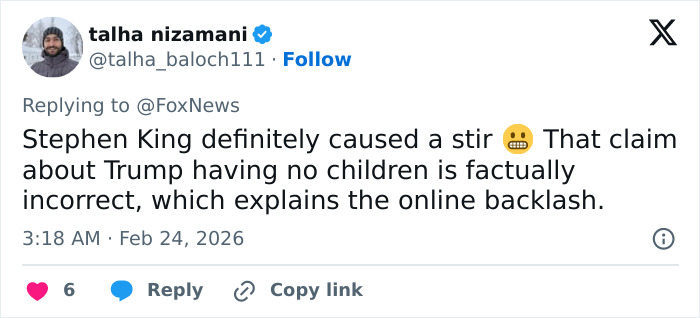 Tweet from Talha Nizamani discussing Stephen King’s false claim about Donald Trump and the resulting online backlash.