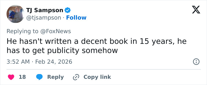 Screenshot of a social media reply criticizing Stephen King amid backlash over false claims about Donald Trump.