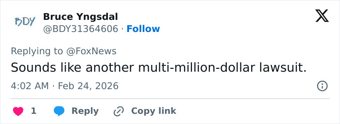 Screenshot of a tweet by Bruce Yngsdal replying to Fox News about a potential multi-million-dollar lawsuit.