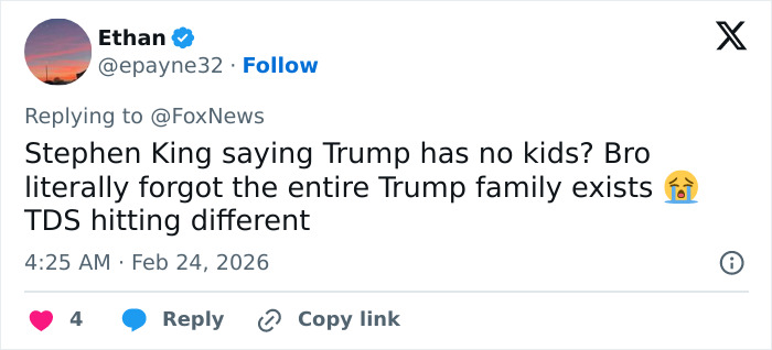 Social media reaction to Stephen King faces backlash after making false claim about Donald Trump’s family.