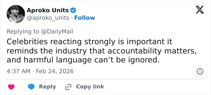 Tweet from Aproko Units discussing celebrities’ reactions and accountability after harmful language including the N-word incident with Michael B. Jordan