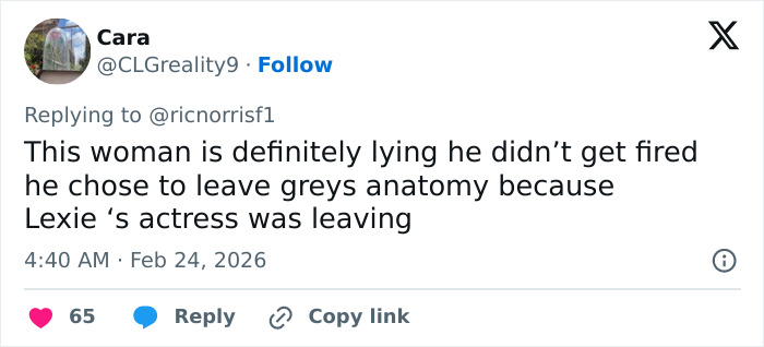 Tweet discussing Grey's Anatomy actress claim and Eric Dane bullying controversy following his passing.