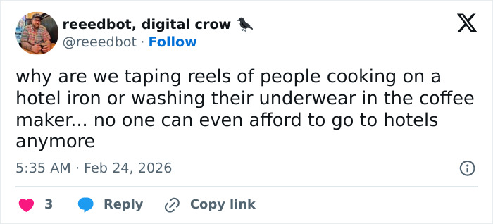 Screenshot of a tweet commenting on people washing underwear in hotels, related to influencer backlash on hotel hacks.