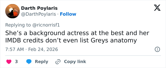 Twitter user discussing Grey's Anatomy actress and Eric Dane bullying claim shortly after his passing in a social media post.