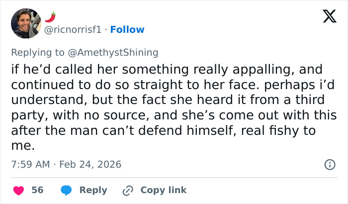 Tweet discussing Grey's Anatomy actress's claim about Eric Dane bullying her after he passes away, questioning its credibility.