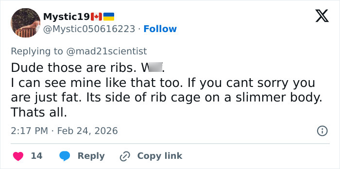 Tweet discussing Sadie Sink’s BAFTA look and clarifying visible ribs as part of a slimmer body’s rib cage.