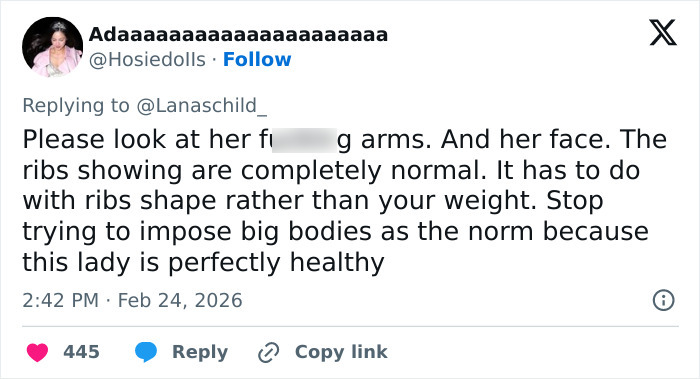 Tweet discussing Sadie Sink's BAFTA look focusing on her ribs and health, sparking divided reactions online.