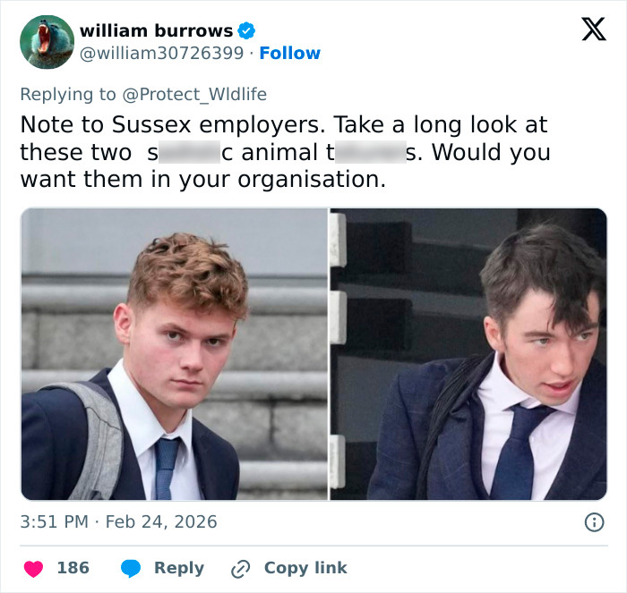 Two students involved in violent attack and blowing up sheep with fireworks pictured outside a building in formal attire.