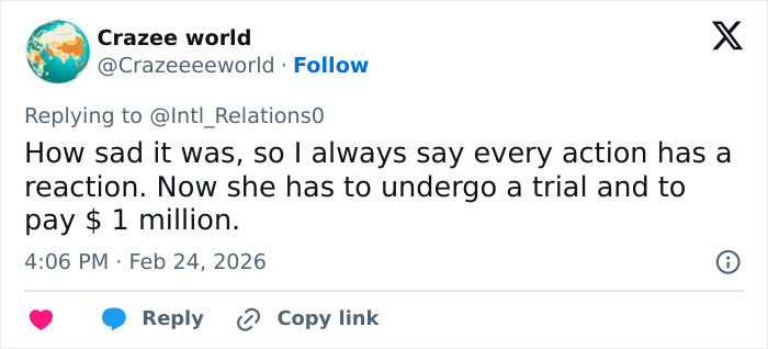 Screenshot of a social media reply discussing backlash and consequences related to an influencer&rsquo;s bizarre hotel hack for washing underwear.