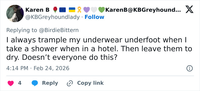 Tweet from user Karen B sharing a hotel hack for washing underwear by trampling them underfoot while showering.