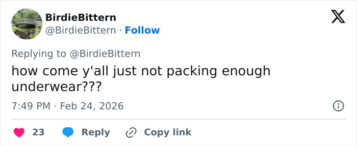 Tweet from BirdieBittern questioning why people don't pack enough underwear, related to influencer clapping back after bizarre hotel hack backlash.
