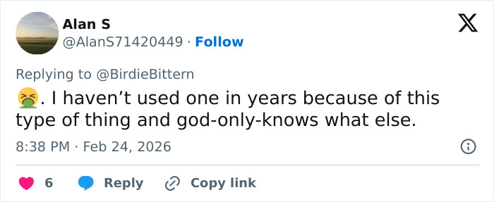 Tweet from user Alan S reacting with disgust emoji and saying they haven&rsquo;t used one in years due to bizarre hotel hack backlash.