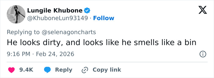 Screenshot of a social media post with a comment criticizing Benny Blanco amid viral interview and Selena Gomez divorce talks.