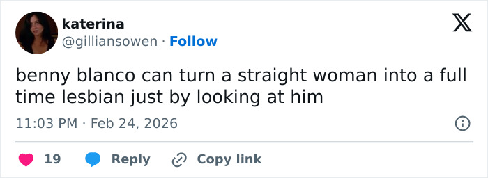 Tweet screenshot showing a user commenting humorously about Benny Blanco amid viral interview and fan reactions involving Selena Gomez.