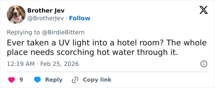 Tweet from Brother Jev discussing hotel room cleanliness and hot water, related to influencer clapping back after hotel hack backlash.