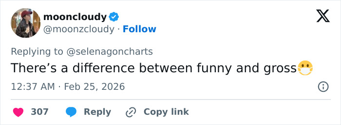 Tweet by mooncloudy replying to @selenagoncharts about a viral interview, mentioning fans urging Selena Gomez to divorce him.