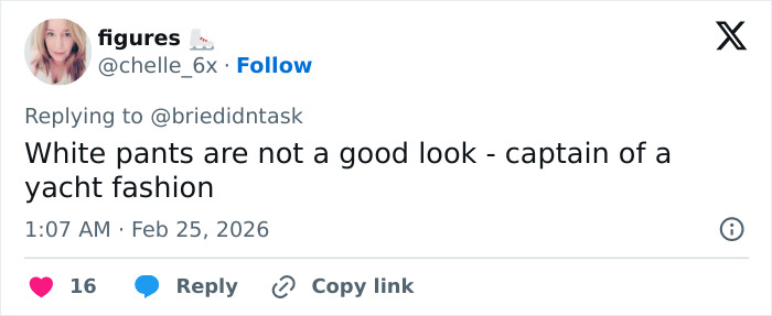 Social media post criticizing Team USA men's hockey White House fashion choice with white pants and yacht captain style. Social media post criticizing Team USA men's hockey White House fashion choice with white pants and yacht captain style.