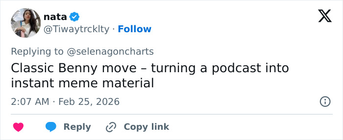 Screenshot of a tweet referencing Benny Blanco and viral interview memes about Selena Gomez and fan reactions.