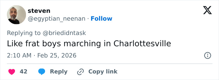 Tweet by user steven replying to @briedidntask, expressing frustration about Team USA Men's Hockey behavior with a Charlottesville comparison. Tweet by user steven replying to @briedidntask, expressing frustration about Team USA Men's Hockey behavior with a Charlottesville comparison.
