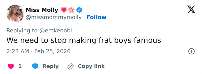 Tweet from user Miss Molly expressing frustration with frat boys being famous, related to Team USA Men's Hockey controversy. Tweet from user Miss Molly expressing frustration with frat boys being famous, related to Team USA Men's Hockey controversy.
