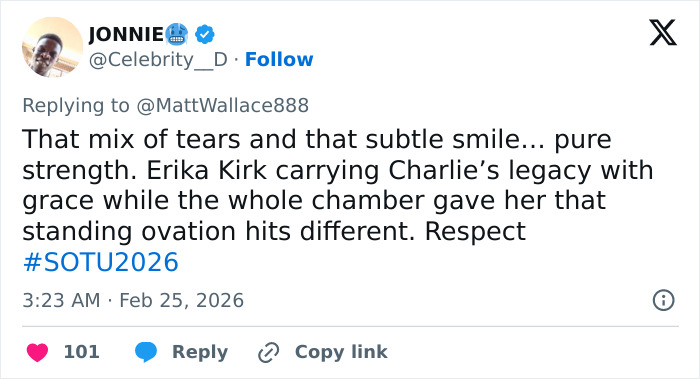 Tweet highlighting viewers spotting odd details in Erika Kirk's appearance at the State of the Union, praising her strength and grace.