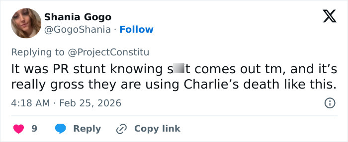Screenshot of tweet by Shania Gogo expressing criticism about a PR stunt related to Erika Kirk's appearance at State of the Union.