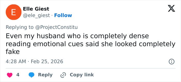 Tweet screenshot discussing viewers spotting odd details in Erika Kirk's appearance, mentioning emotional cues and authenticity.