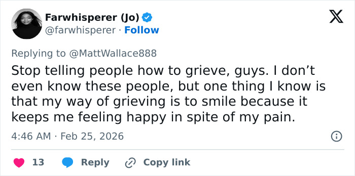 Tweet discussing personal grieving methods with no visible connection to Erika Kirk or State of the Union appearance details.