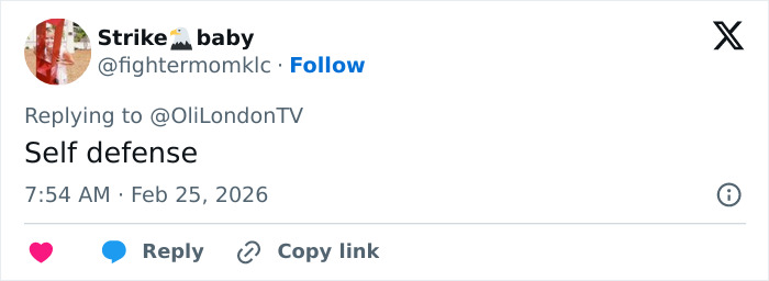 Tweet from user Strike baby replying to OliLondonTV with the text self defense about Ghislaine Maxwell prison details. Tweet from user Strike baby replying to OliLondonTV with the text self defense about Ghislaine Maxwell prison details.