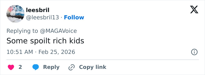 Screenshot of a social media reply calling Barron spoiled rich kids during discussion of lip reader claims.