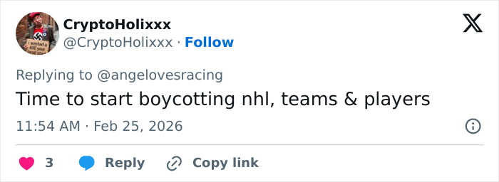 Tweet calling to boycott NHL, teams, and players after Team USA Men's Hockey controversy at the White House. Tweet calling to boycott NHL, teams, and players after Team USA Men's Hockey controversy at the White House.