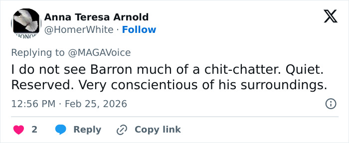 Tweet from Anna Teresa Arnold discussing Barron's reserved nature and surroundings during the State of the Union address.
