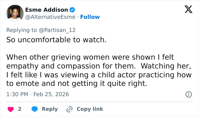 Tweet from Esme Addison commenting on Erika Kirk going viral for what she mouthed during Trump’s State of the Union mention. Tweet from Esme Addison commenting on Erika Kirk going viral for what she mouthed during Trump’s State of the Union mention.