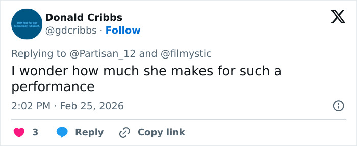 Tweet by Donald Cribbs questioning earnings for a performance, related to Erika Kirk going viral after State of the Union mention. Tweet by Donald Cribbs questioning earnings for a performance, related to Erika Kirk going viral after State of the Union mention.