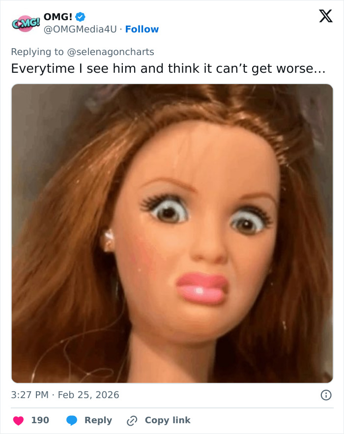 Doll with wide eyes and distorted expression reacting to Benny Blanco viral interview on Selena Gomez divorce rumors.