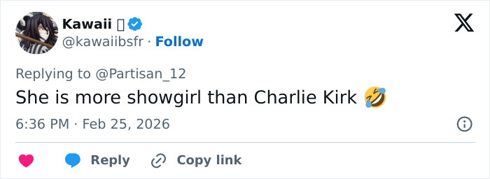 Tweet by user Kawaii, replying about Erika Kirk going viral for what she mouthed during Trump’s State of the Union mention. Tweet by user Kawaii, replying about Erika Kirk going viral for what she mouthed during Trump’s State of the Union mention.