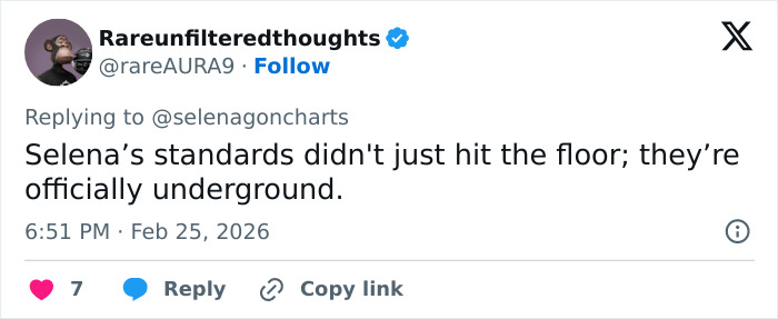 Tweet from verified user Rareunfilteredthoughts responding to Selena Gomez fan account about viral interview involving Benny Blanco.