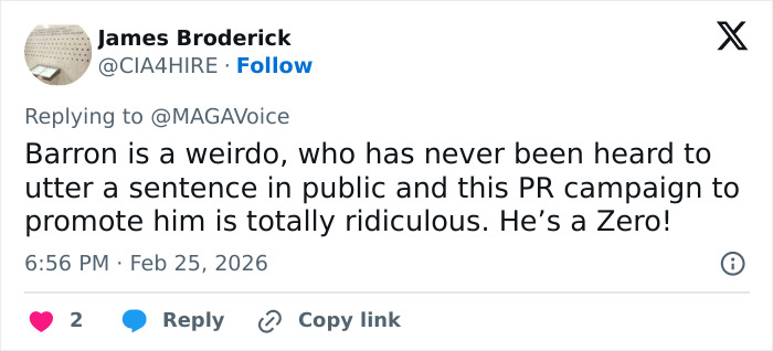 Screenshot of a tweet discussing Barron&rsquo;s public silence and a PR campaign amid claims of rude words told to Ivanka.