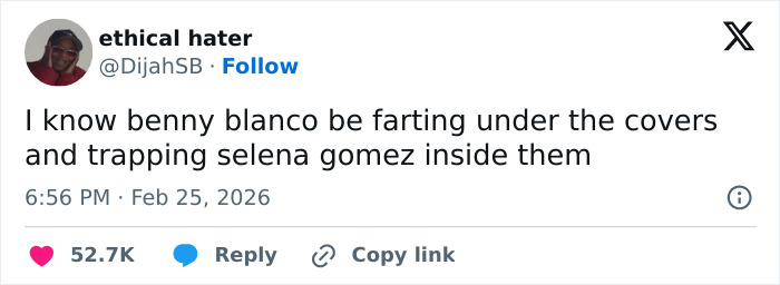 Screenshot of a viral tweet mentioning Benny Blanco and Selena Gomez, shared on social media with high engagement.