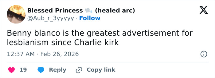 Tweet mentioning Benny Blanco in a heated discussion about relationships and public reactions on social media.