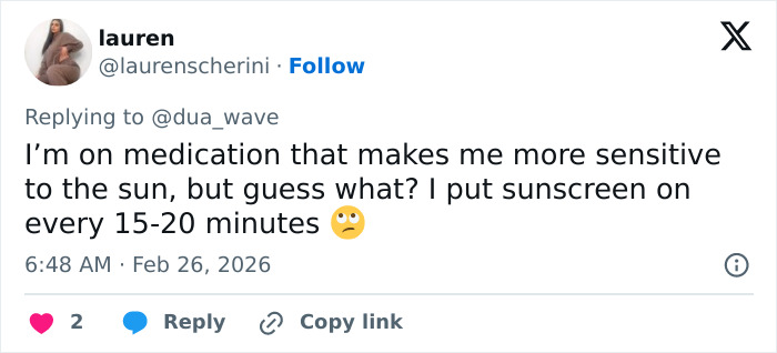 Tweet about using sunscreen frequently due to medication sensitivity, linked to Selena Gomez beach trip conspiracy theories. Tweet about using sunscreen frequently due to medication sensitivity, linked to Selena Gomez beach trip conspiracy theories.