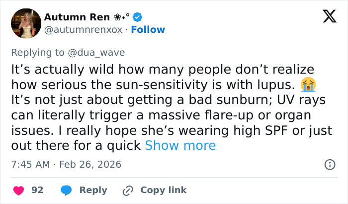 Tweet discussing sun-sensitivity and lupus concerns during Selena Gomez's beach trip, sparking transplant conspiracy theories. Tweet discussing sun-sensitivity and lupus concerns during Selena Gomez's beach trip, sparking transplant conspiracy theories.