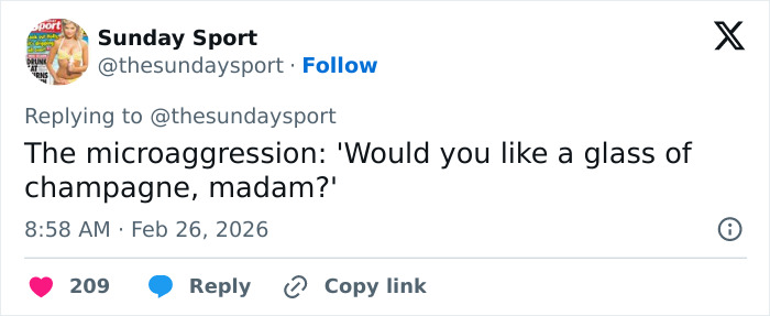 Tweet from Sunday Sport describing a micro-aggression involving a glass of champagne in a first class cabin context.